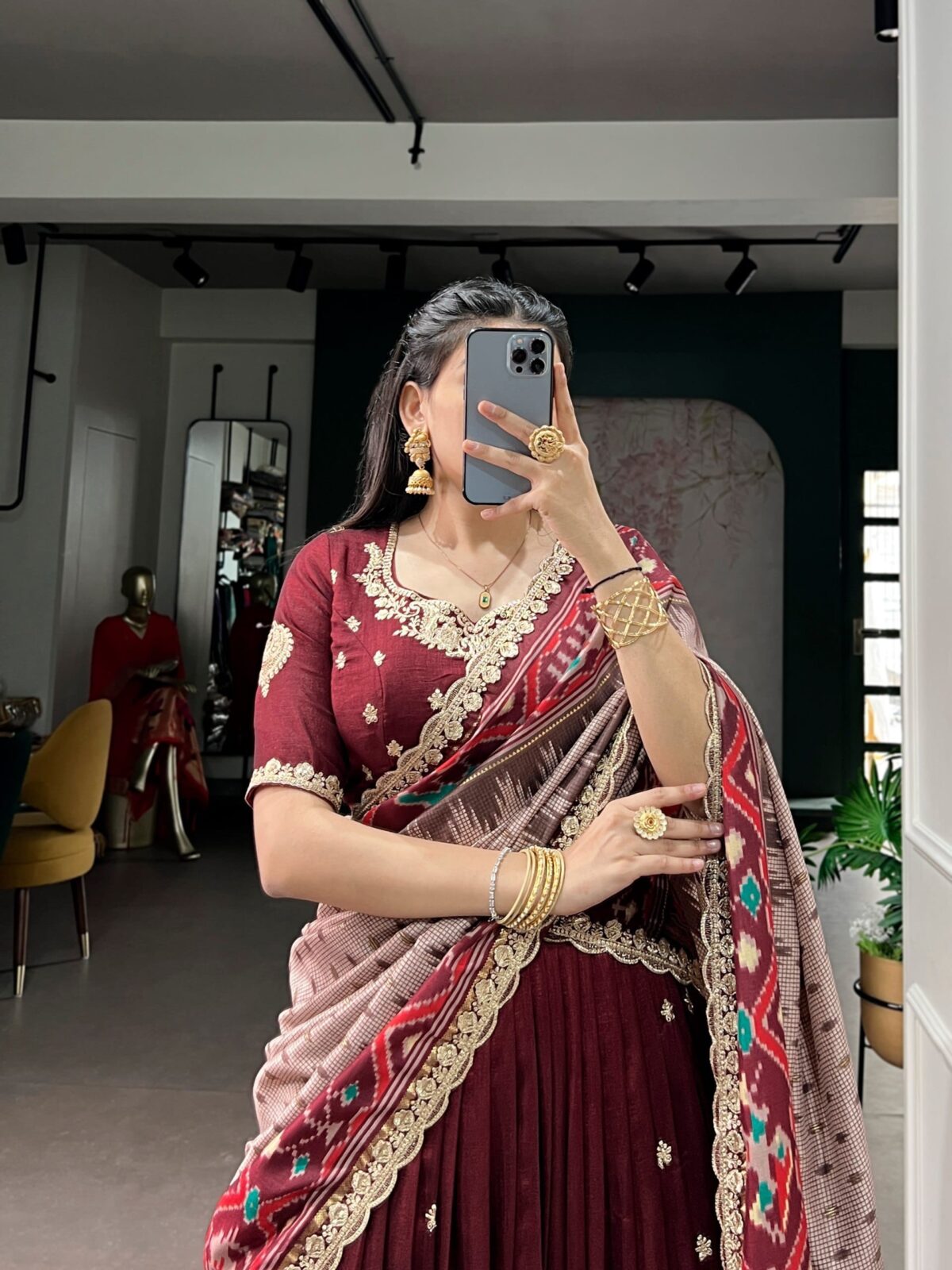 Fully Stitched Vichitra Silk Embroidery Lehenga with Ikkat Dupatta
