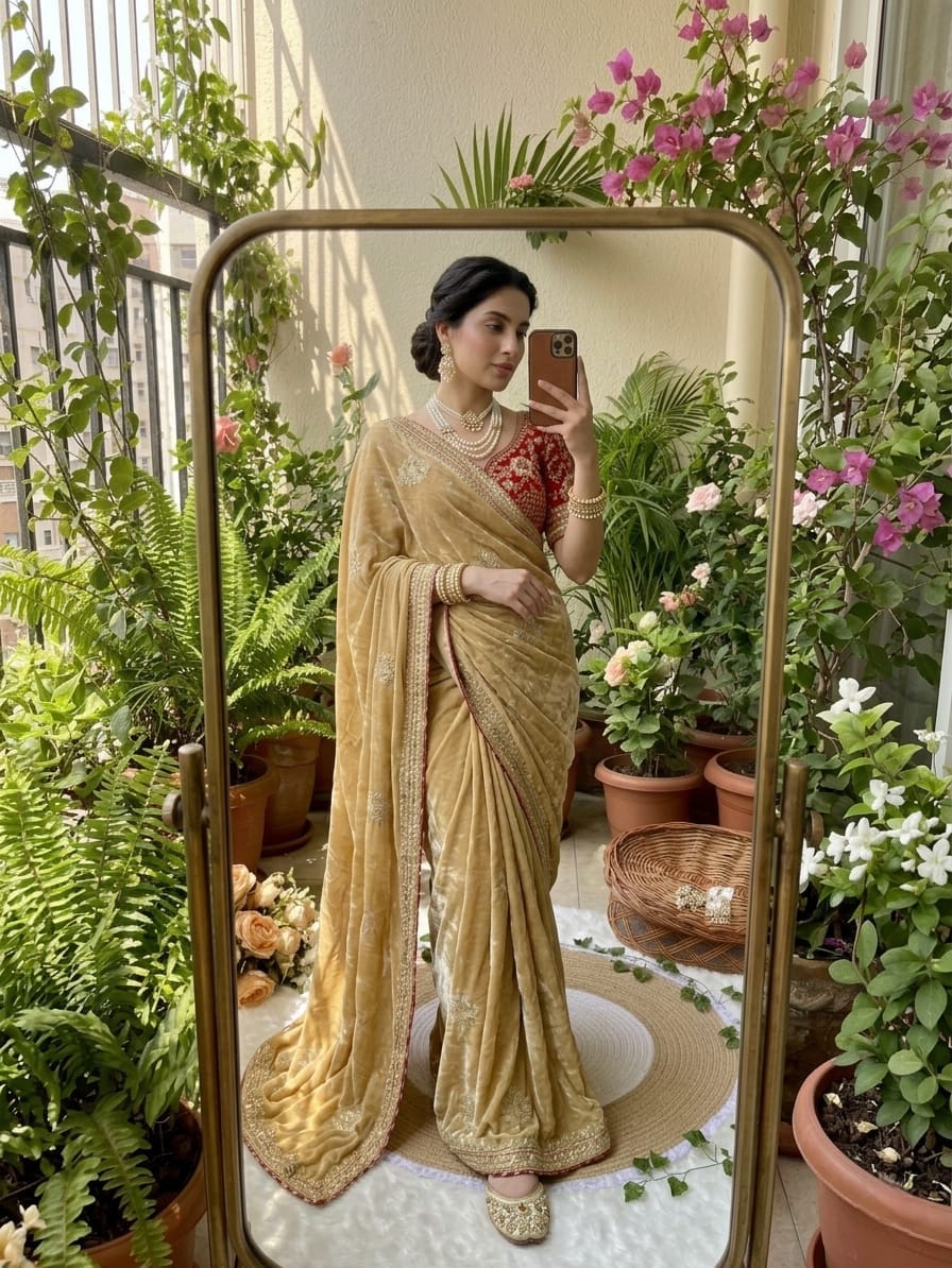 Elegant Fendy Sartin Saree with Contrast Embroidered Blouse