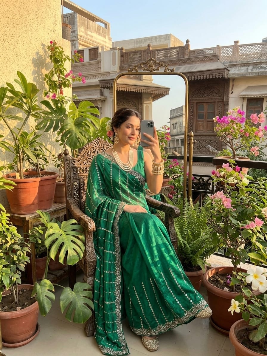 Fendy Satin Leheriya Saree with Hand Cutdana Work & Unstitched Blouse