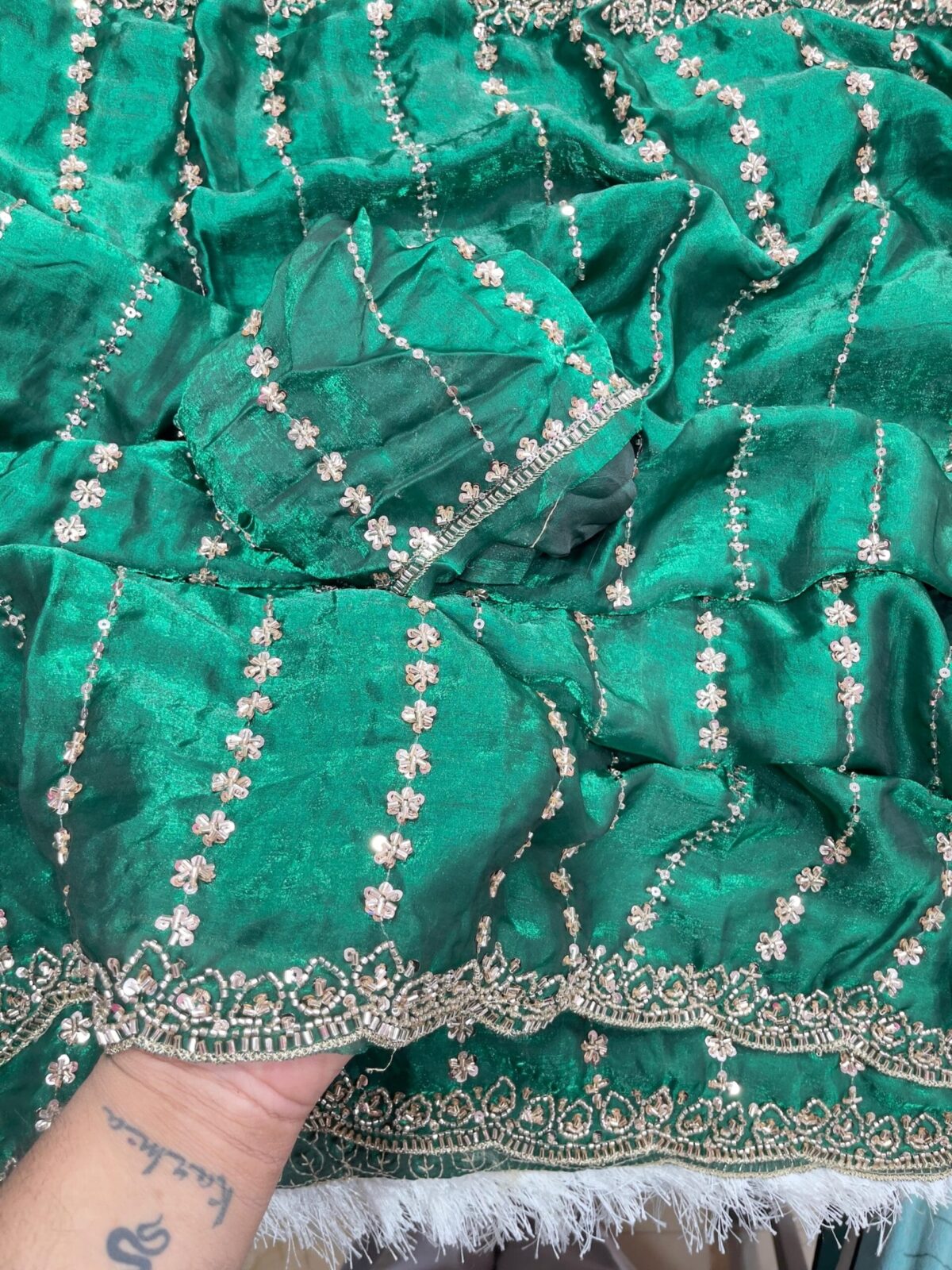 Fendy Satin Leheriya Saree with Hand Cutdana Work & Unstitched Blouse