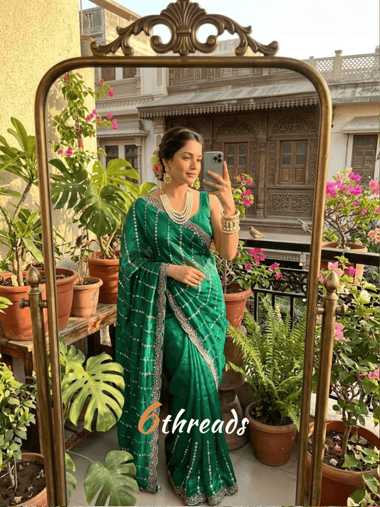 Fendy Satin Leheriya Saree with Hand Cutdana Work & Unstitched Blouse