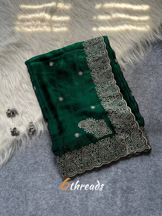 Premium Blooming Fandy Silk Saree with Heavy Embroidered Border & Unstitched Blouse