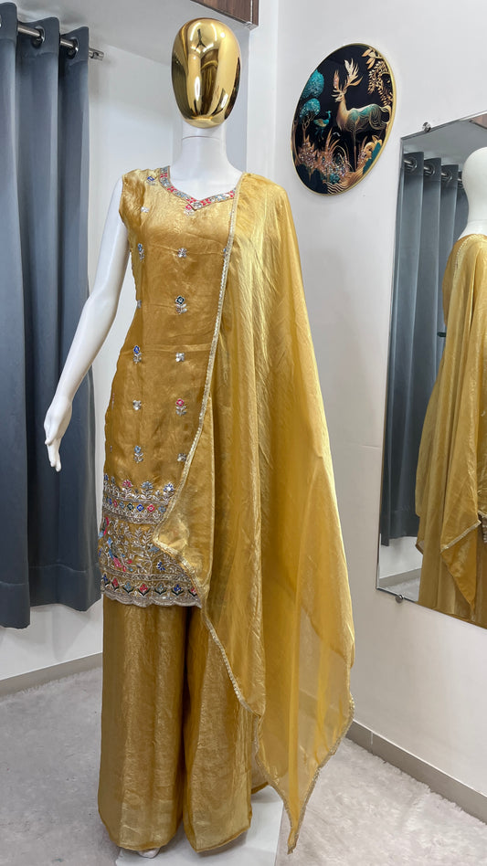 FESTIVAL SPECIAL SLEEVELESS DESIGNER DRESS ON SILK FABRIC TOP PLAZZO AND DUPATTA SET