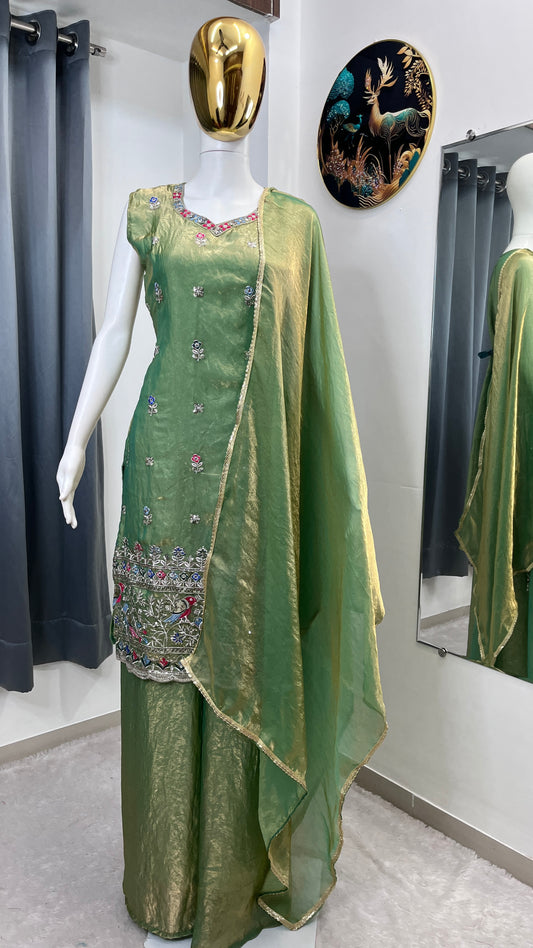 FESTIVAL SPECIAL SLEEVELESS DESIGNER DRESS ON SILK FABRIC TOP PLAZZO AND DUPATTA SET