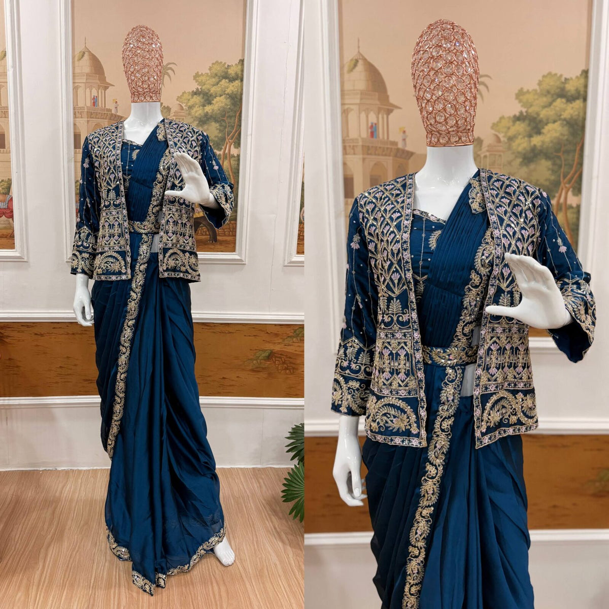 Indo-Western Rangoli Silk Draped Saree Set