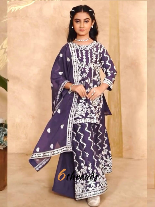Intricate Chain Embroidery Sharara Set in Navy & Yellow
