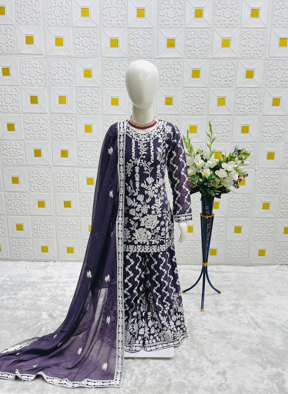 Intricate Chain Embroidery Sharara Set in Navy & Yellow