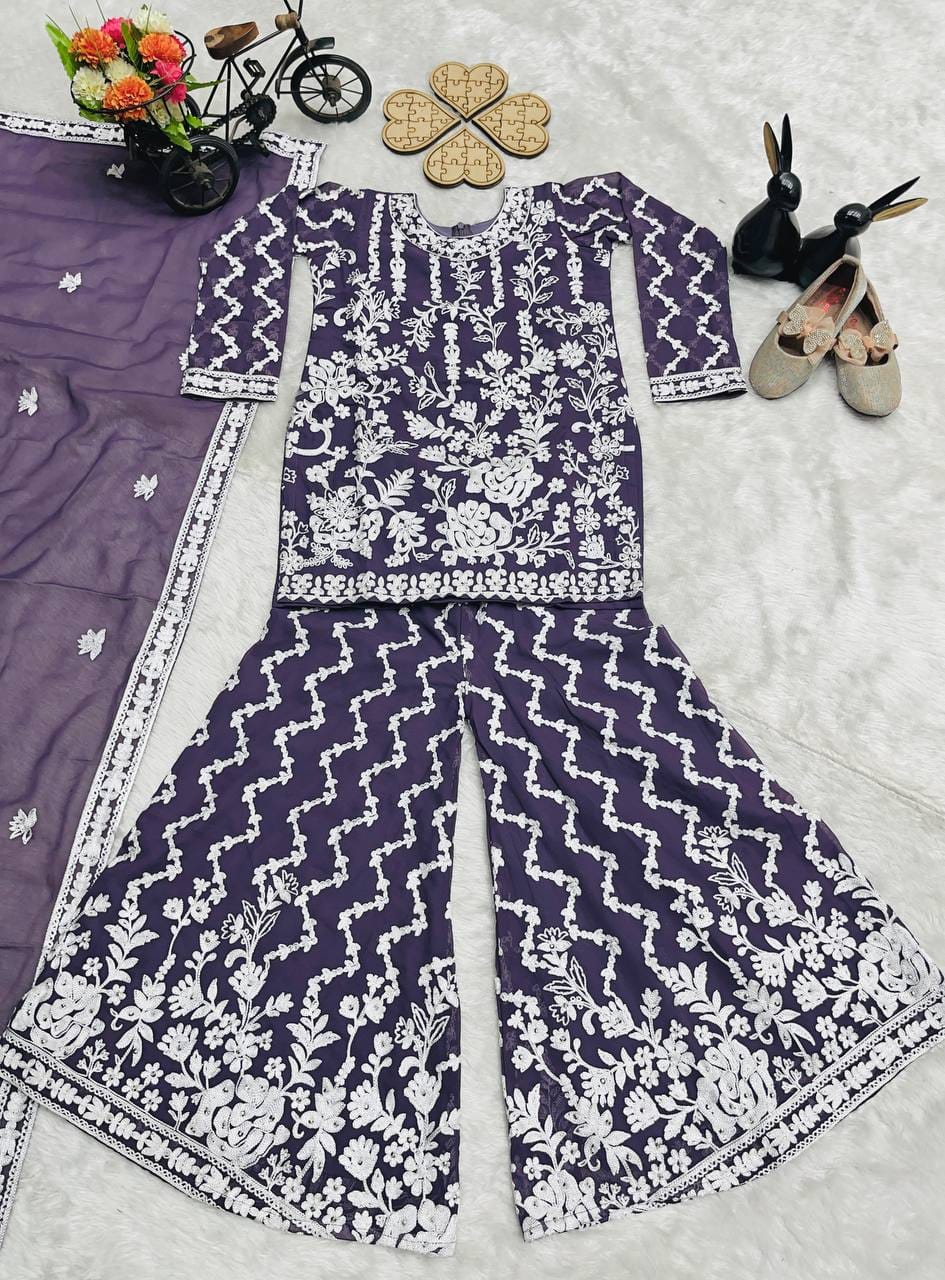 Intricate Chain Embroidery Sharara Set in Navy & Yellow