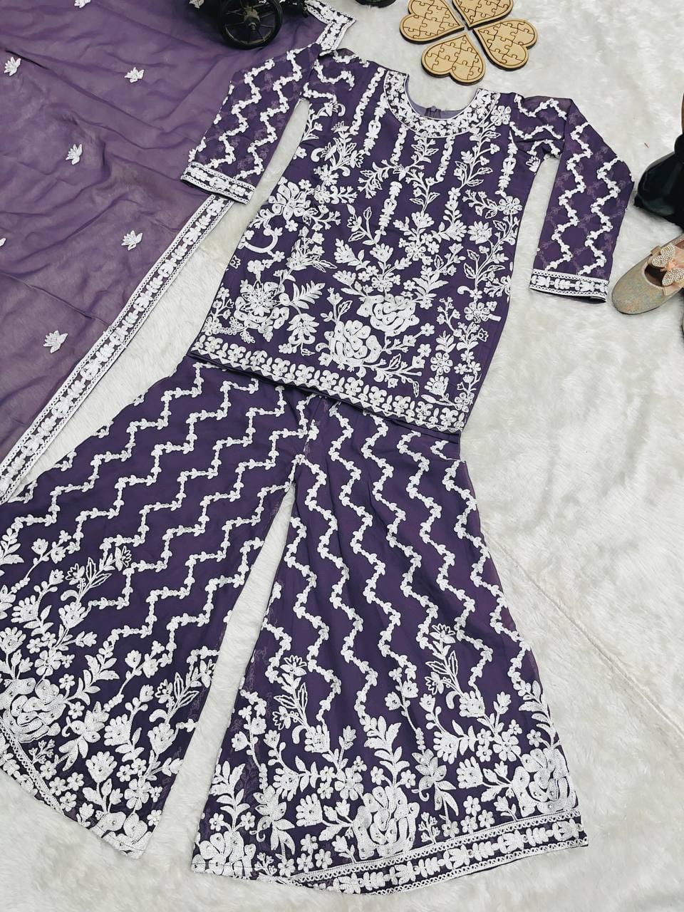 Intricate Chain Embroidery Sharara Set in Navy & Yellow