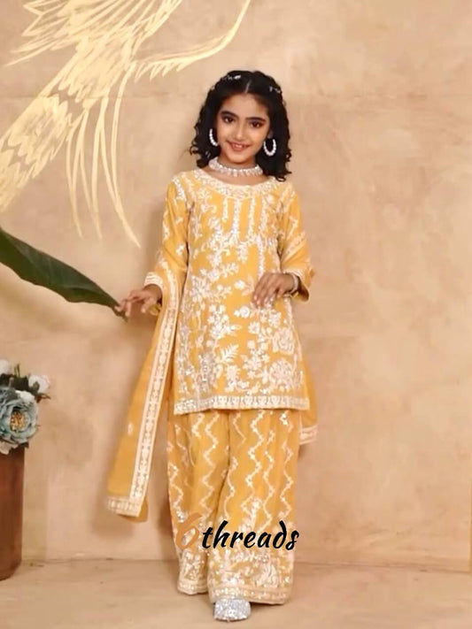 Intricate Chain Embroidery Sharara Set in Navy & Yellow