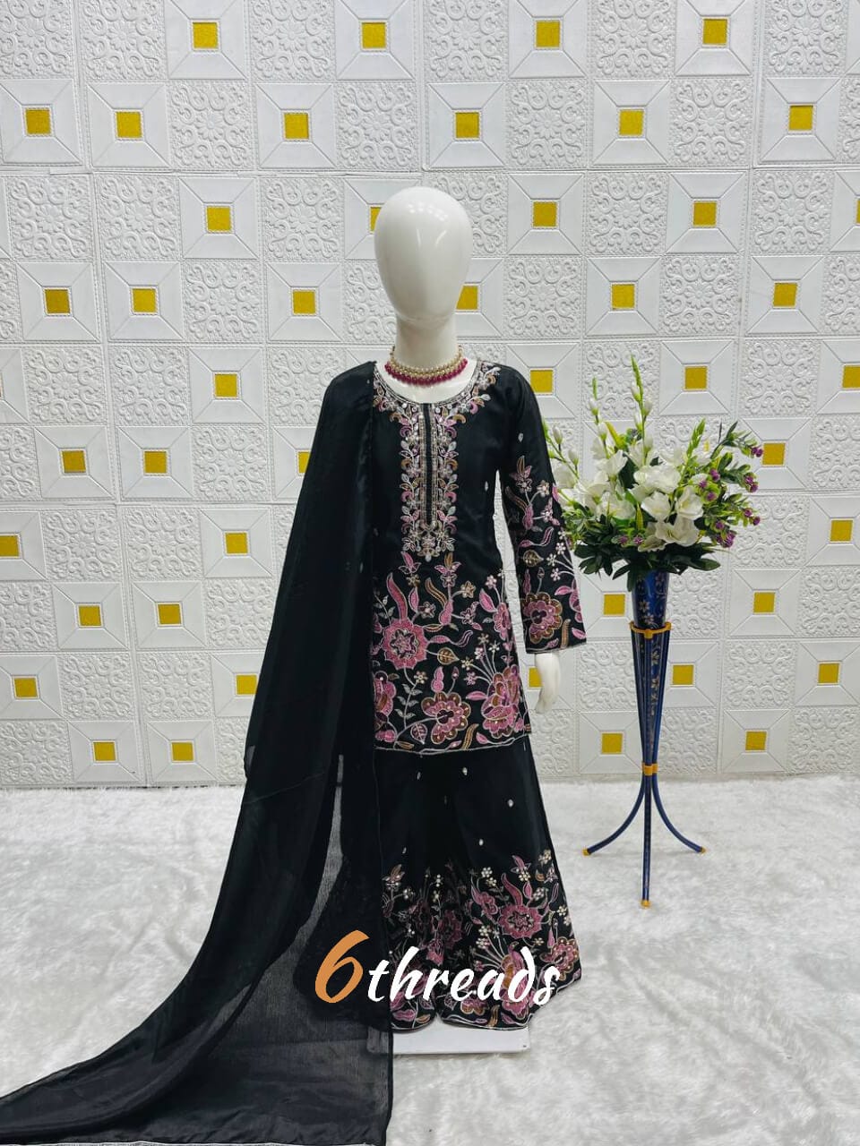 Kids’ Chinon Silk Sharara Suit with Sequence Work