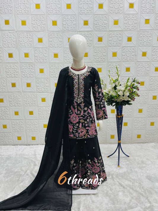 Kids’ Chinon Silk Sharara Suit with Sequence Work