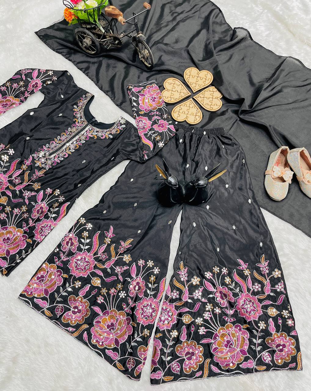 Kids’ Chinon Silk Sharara Suit with Sequence Work