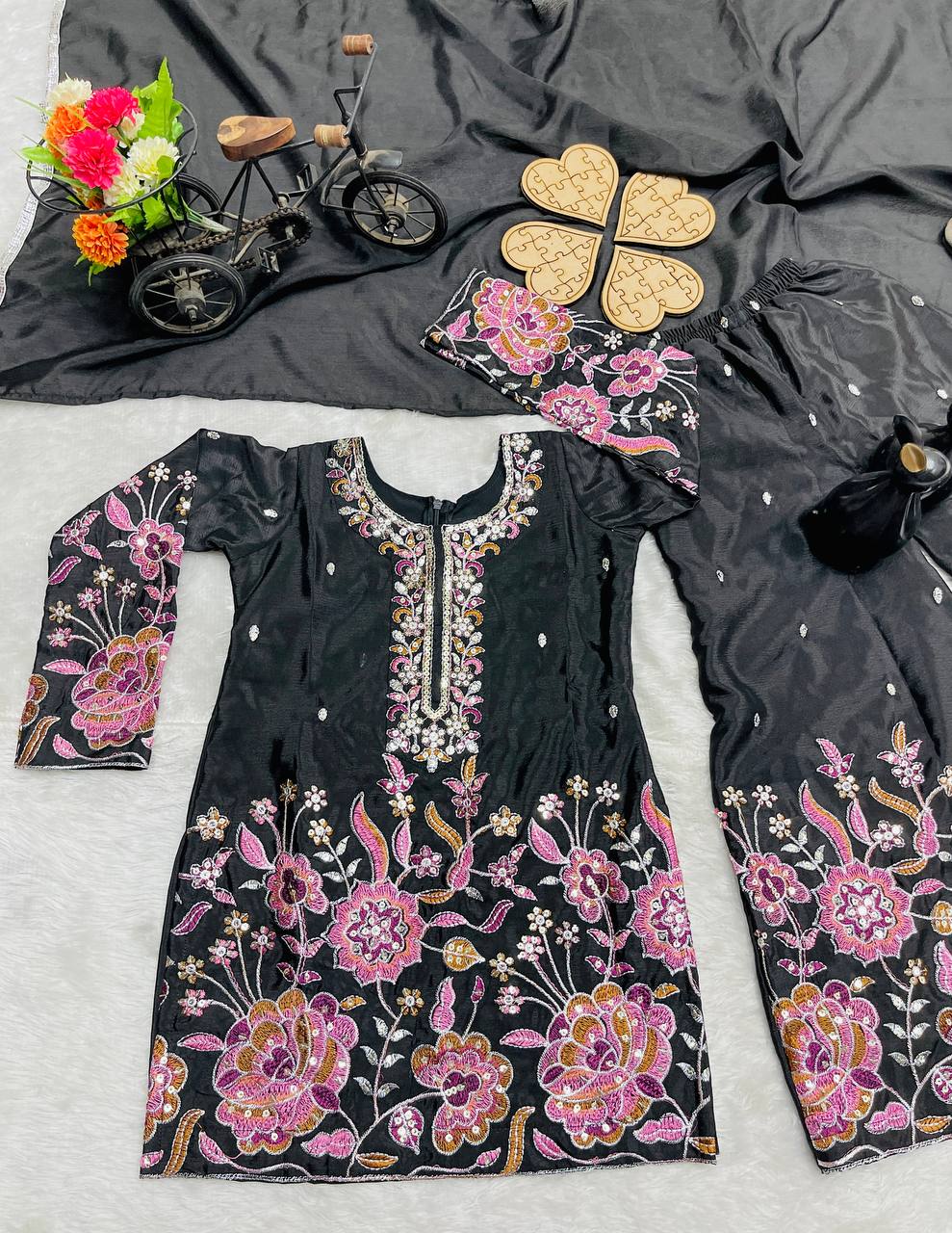 Kids’ Chinon Silk Sharara Suit with Sequence Work