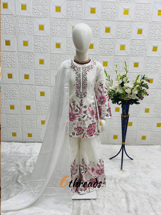 Kids’ Chinon Silk Sharara Suit with Sequence Work