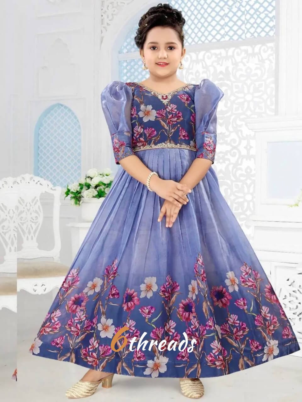 Kids’ Dusty Blue Organza Gown with Digital Prints