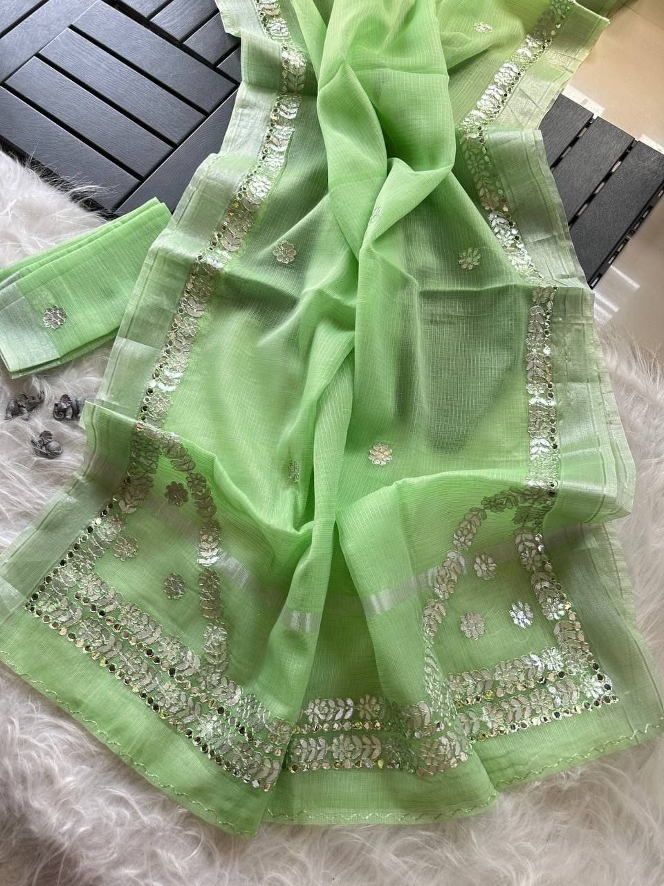 Premium Kota Doriya Saree with Rajasthani Gotapatti Work & Unstitched Blouse