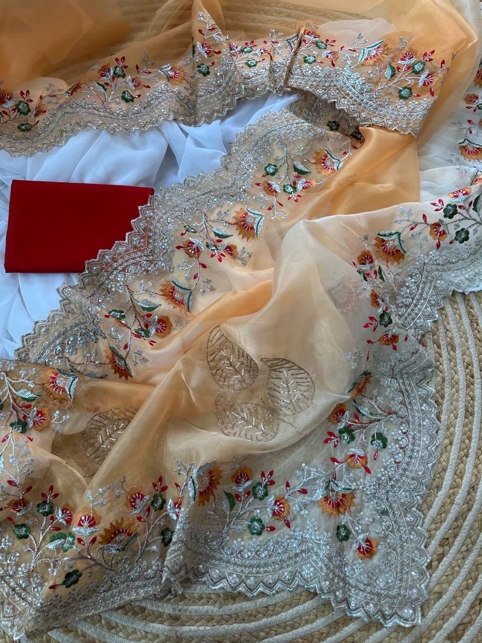 Premium Two-Shaded Pure Organza Saree with Authentic Handwork Cutwork Border & Unstitched Blouse