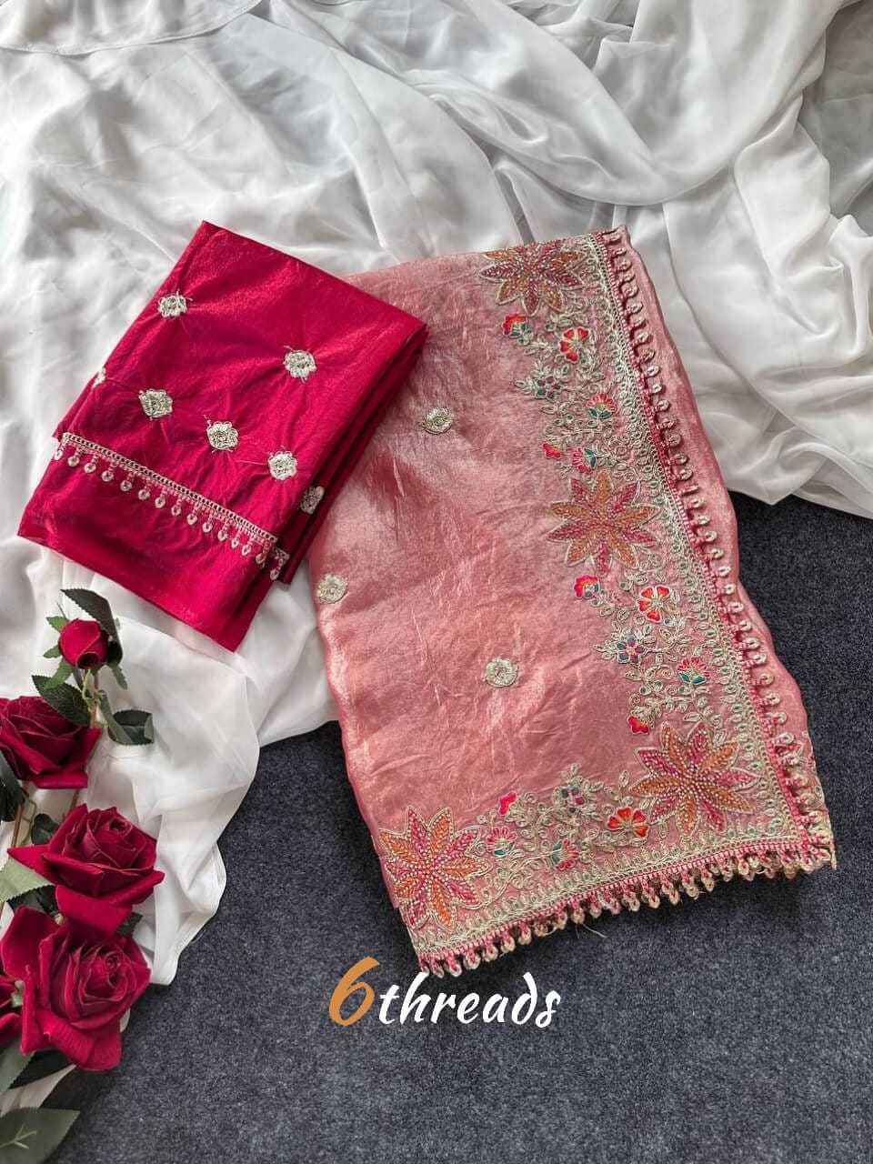 Premium Fandy Satin Silk Saree with Floral Embroidery, Tassels & Unstitched Contrast Blouse