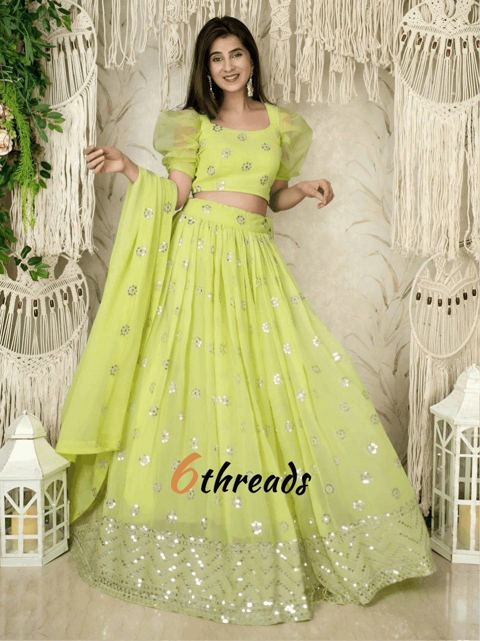 Lime Green Sequins Embroidered Lehenga with Puff Sleeve Blouse & Dupatta