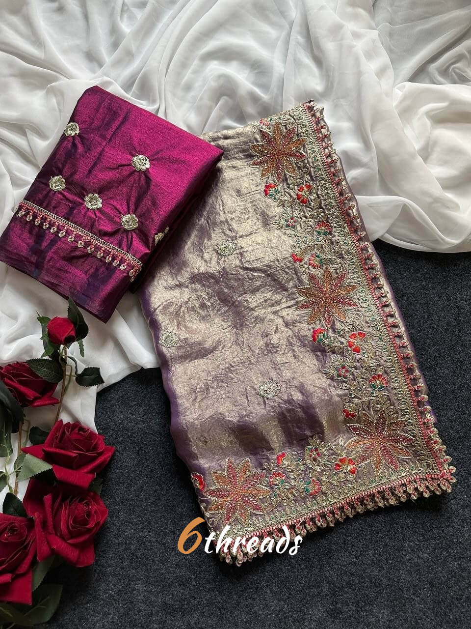 Premium Fandy Satin Silk Saree with Floral Embroidery, Tassels & Unstitched Contrast Blouse