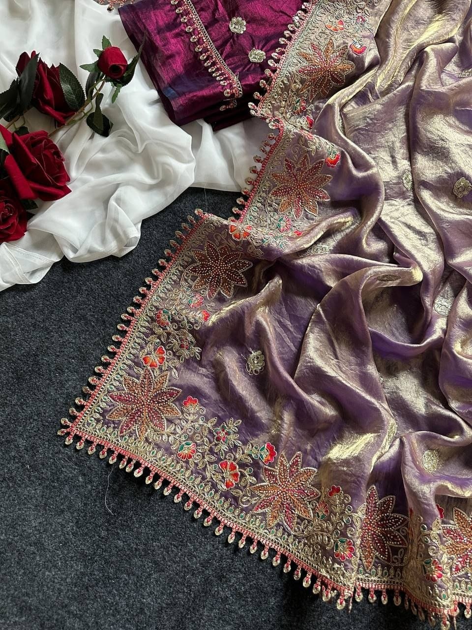Premium Fandy Satin Silk Saree with Floral Embroidery, Tassels & Unstitched Contrast Blouse