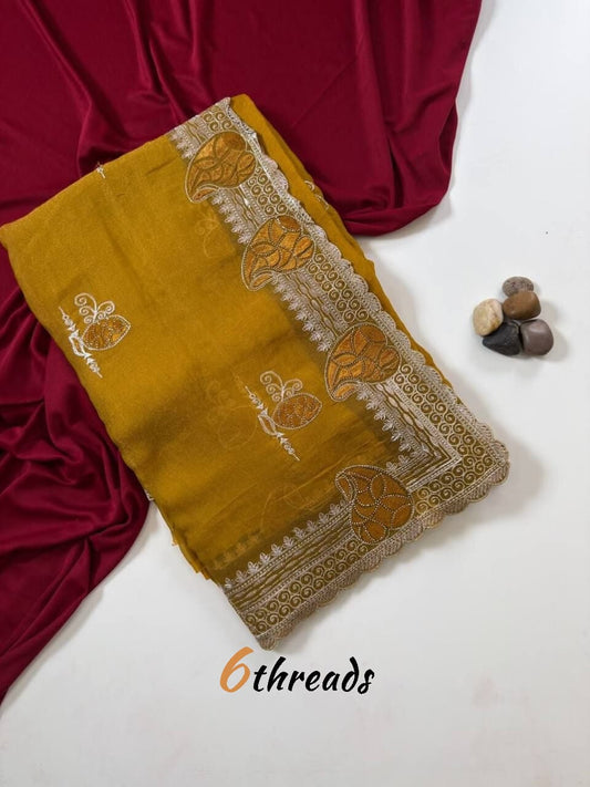 Premium Two-Tone Moss Chiffon Saree with Embroidery, Diamonds & Unstitched Blouse