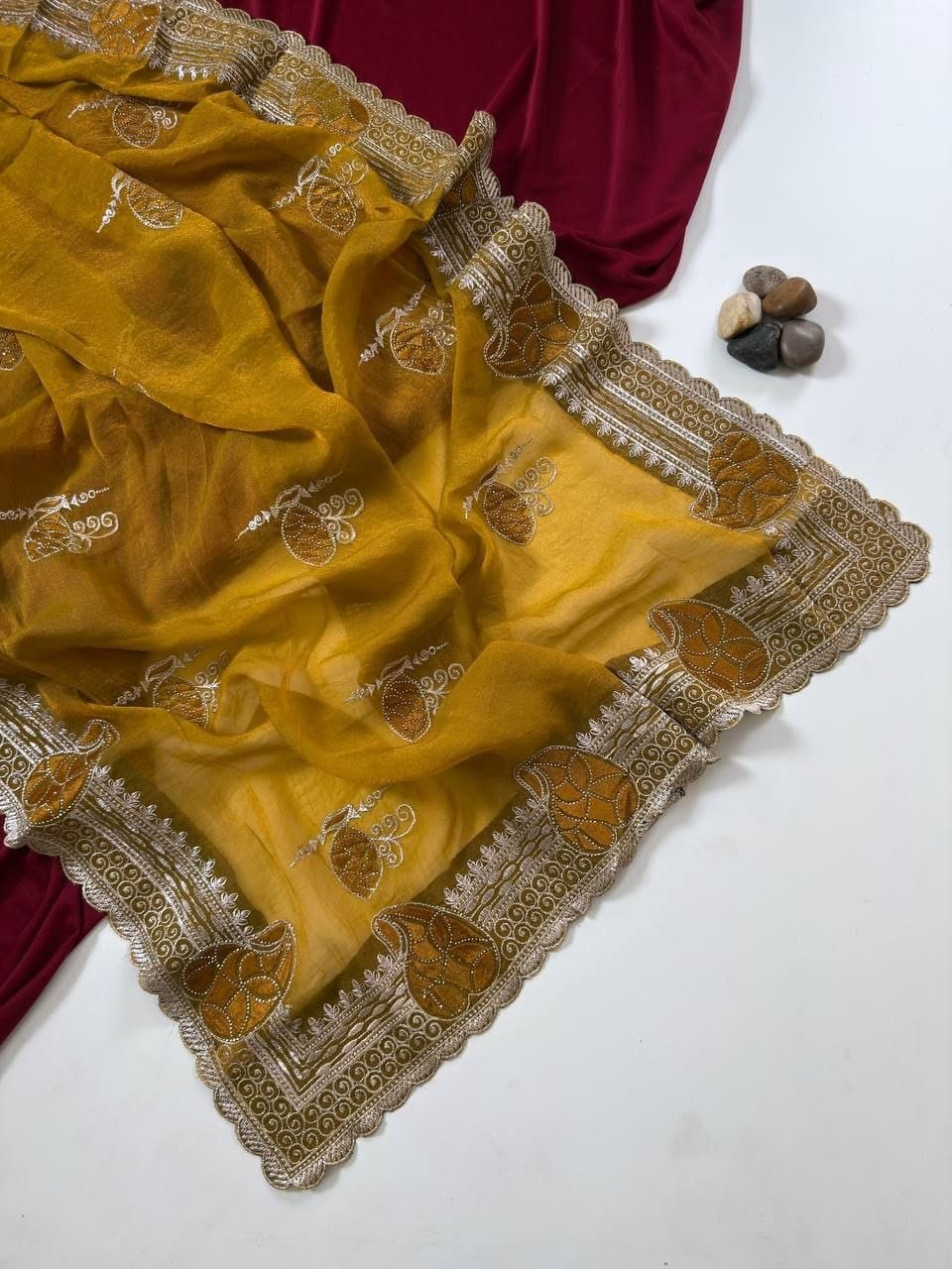 Premium Two-Tone Moss Chiffon Saree with Embroidery, Diamonds & Unstitched Blouse