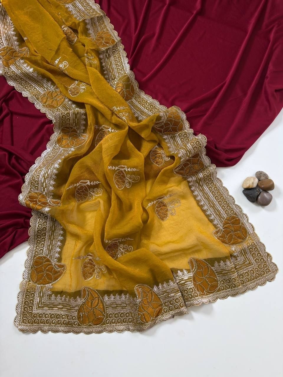 Premium Two-Tone Moss Chiffon Saree with Embroidery, Diamonds & Unstitched Blouse