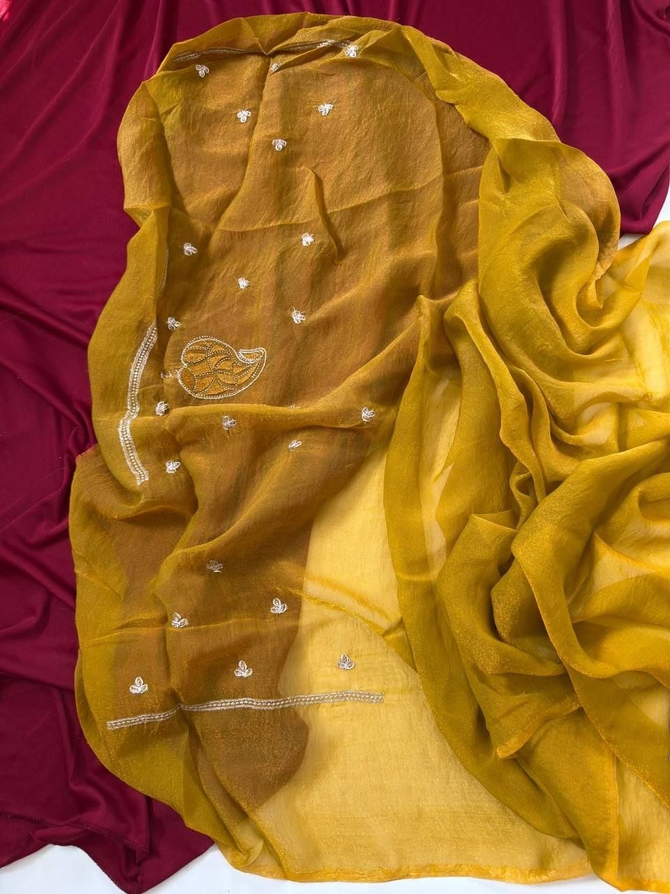 Premium Two-Tone Moss Chiffon Saree with Embroidery, Diamonds & Unstitched Blouse