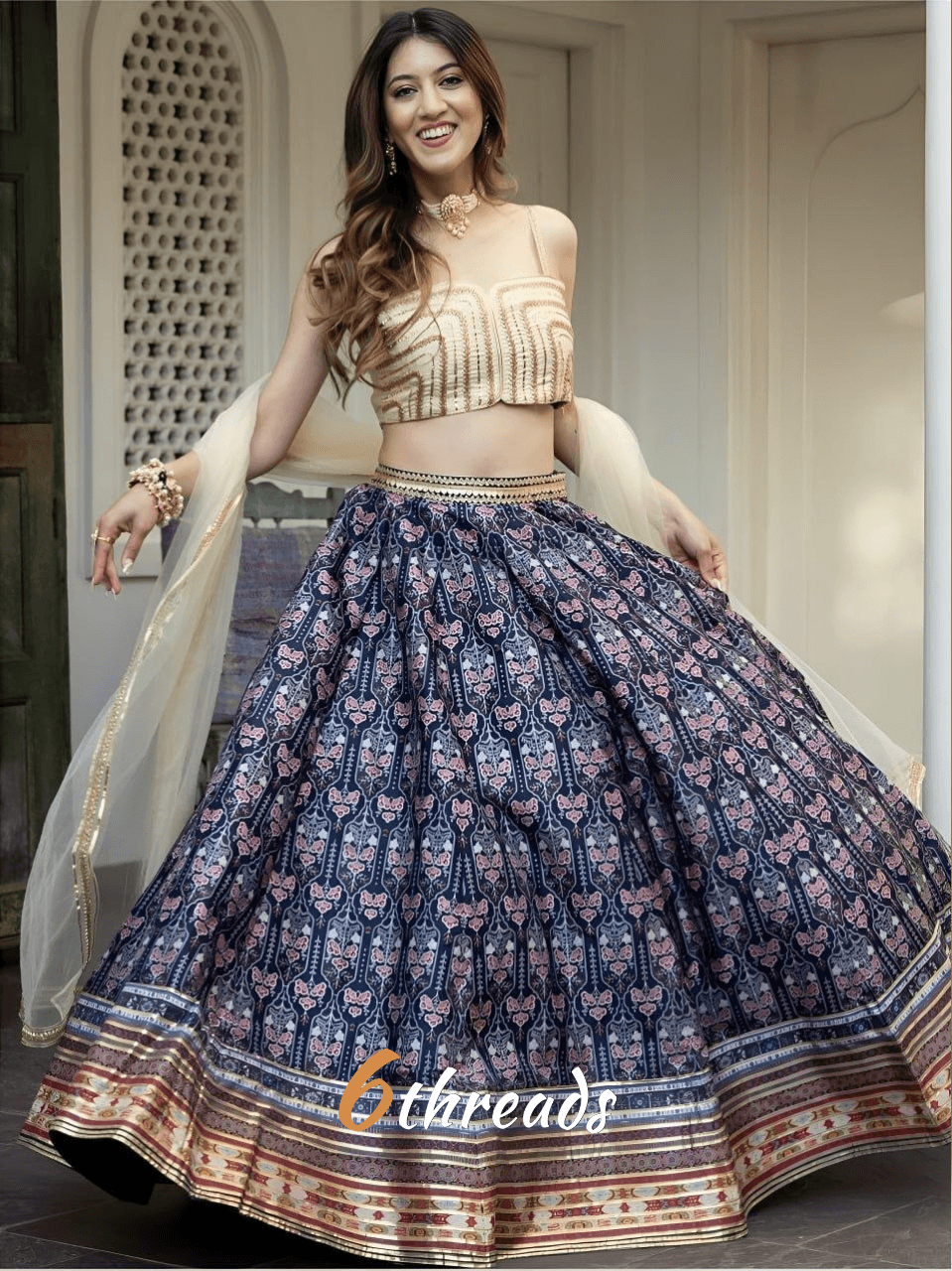 Navy Blue Printed Lehenga Choli with Cream Dupatta