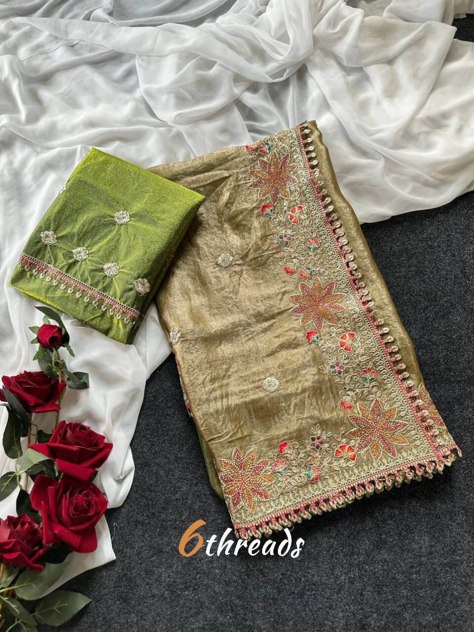 Premium Fandy Satin Silk Saree with Floral Embroidery, Tassels & Unstitched Contrast Blouse