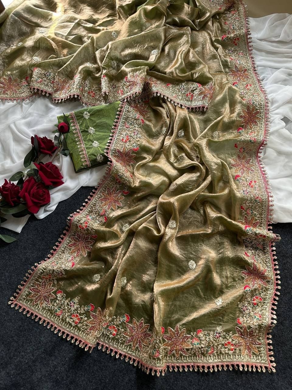 Premium Fandy Satin Silk Saree with Floral Embroidery, Tassels & Unstitched Contrast Blouse