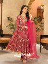 Peach Fox Georgette Gown-Sharara Set with Digital Print