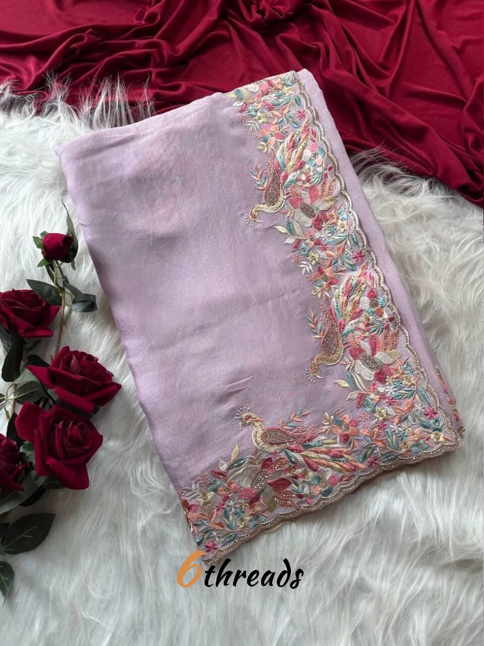 Premium Pastel Moss Chiffon Saree with Peacock Embroidery & Stitched Blouse