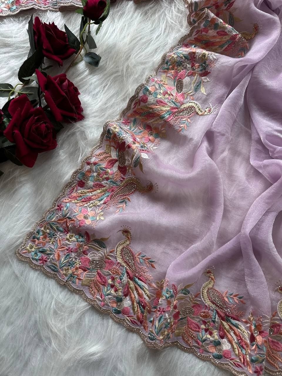Premium Pastel Moss Chiffon Saree with Peacock Embroidery & Stitched Blouse