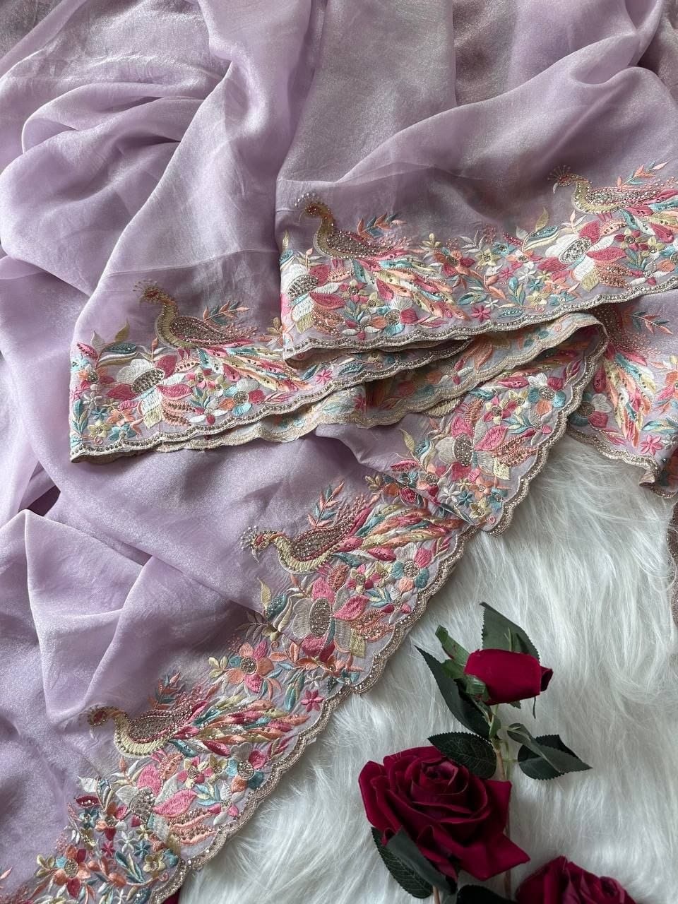Premium Pastel Moss Chiffon Saree with Peacock Embroidery & Stitched Blouse