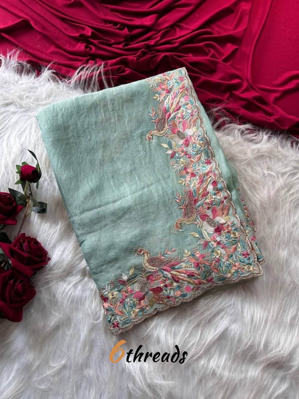 Premium Pastel Moss Chiffon Saree with Peacock Embroidery & Stitched Blouse