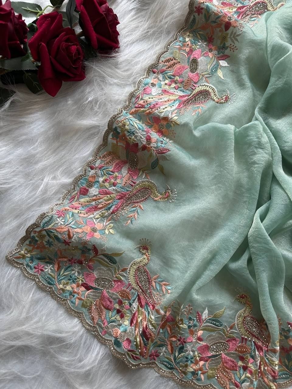 Premium Pastel Moss Chiffon Saree with Peacock Embroidery & Stitched Blouse
