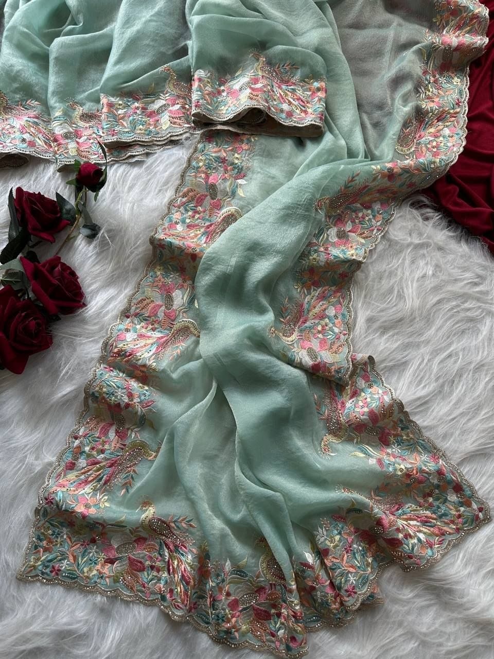 Premium Pastel Moss Chiffon Saree with Peacock Embroidery & Stitched Blouse