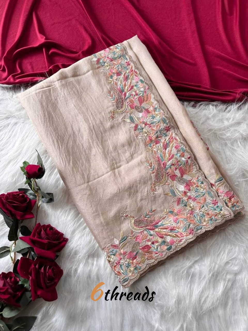 Premium Pastel Moss Chiffon Saree with Peacock Embroidery & Stitched Blouse