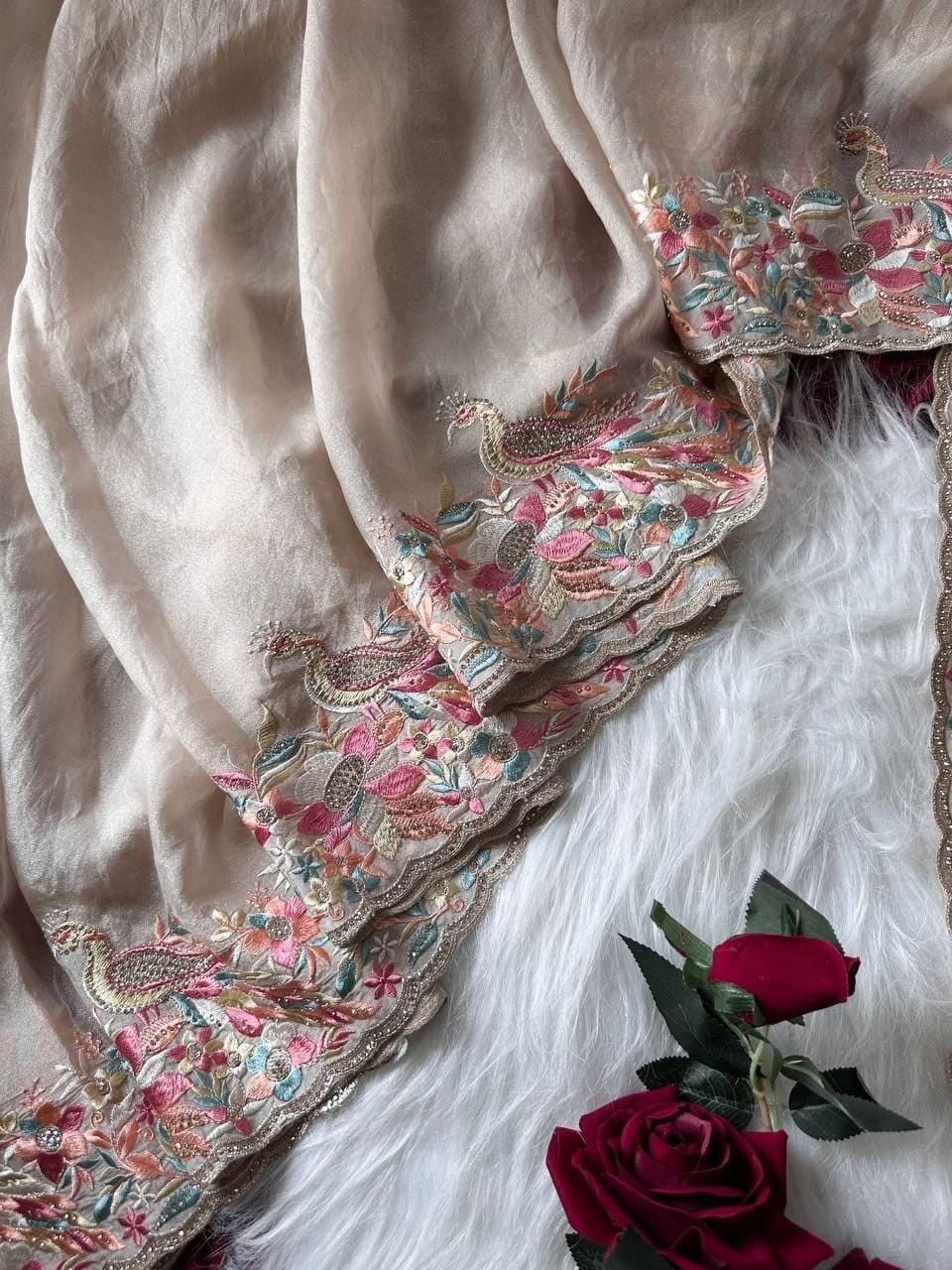 Premium Pastel Moss Chiffon Saree with Peacock Embroidery & Stitched Blouse