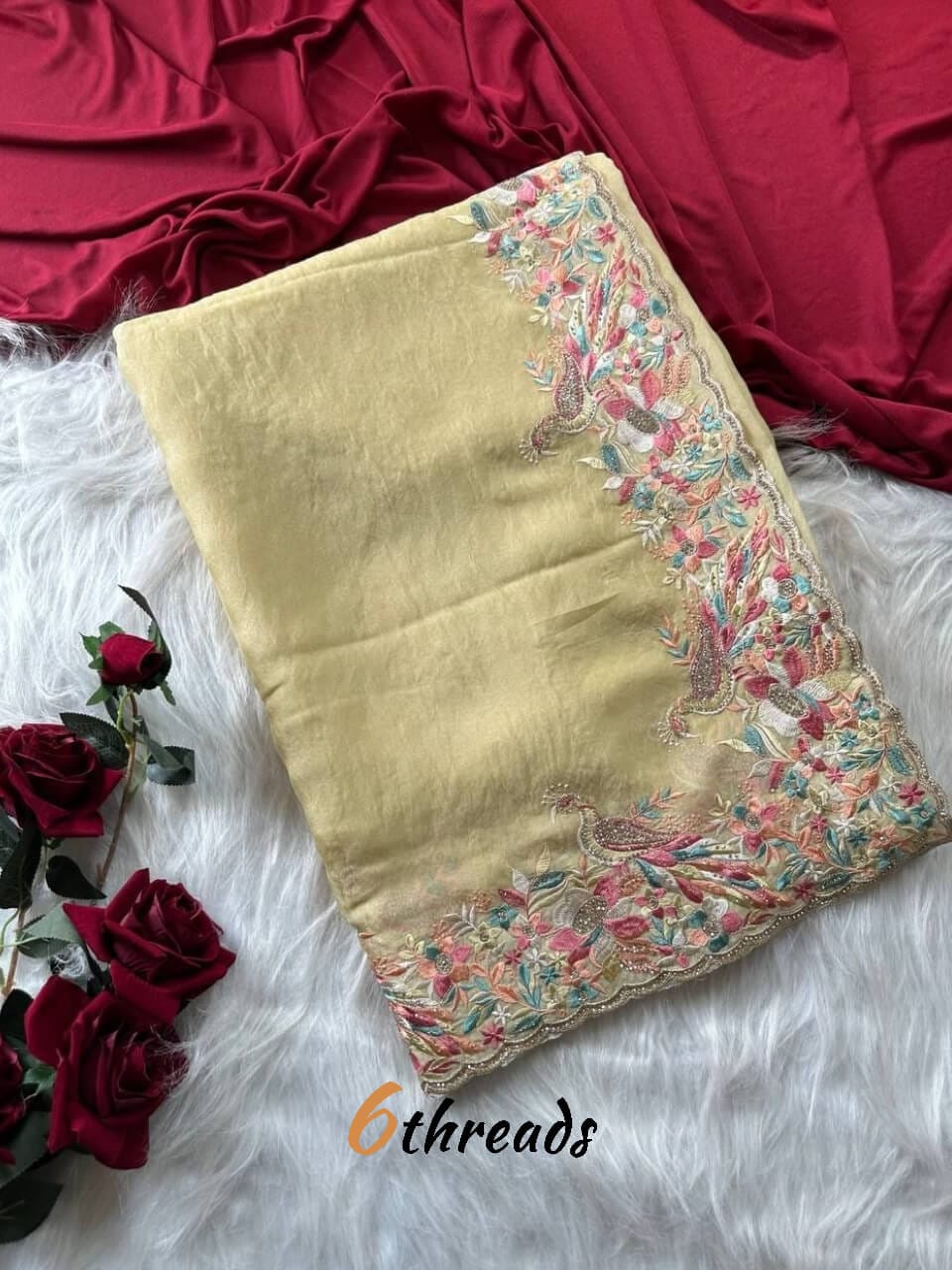 Premium Pastel Moss Chiffon Saree with Peacock Embroidery & Stitched Blouse