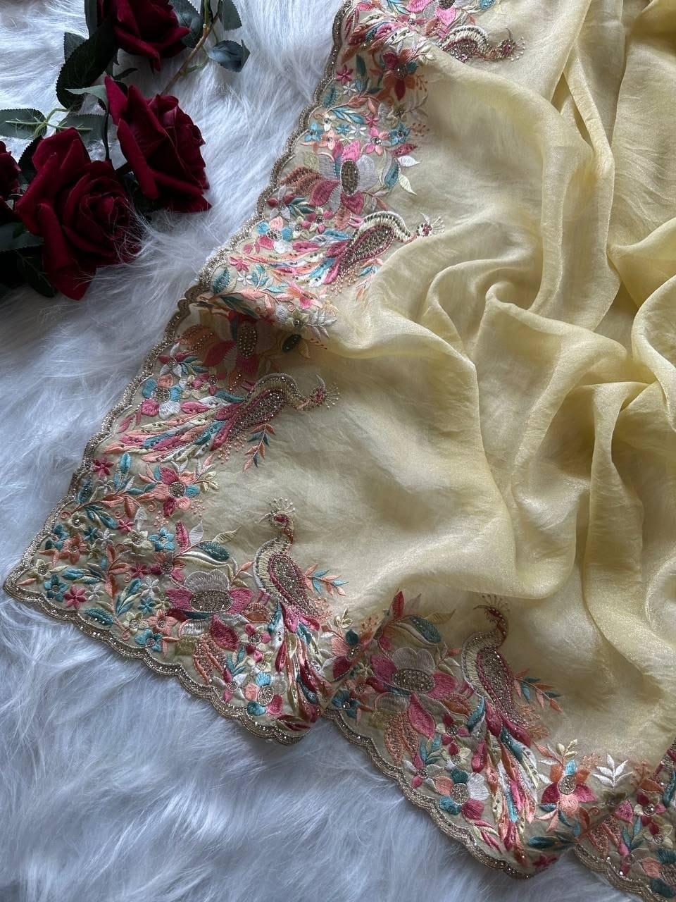 Premium Pastel Moss Chiffon Saree with Peacock Embroidery & Stitched Blouse