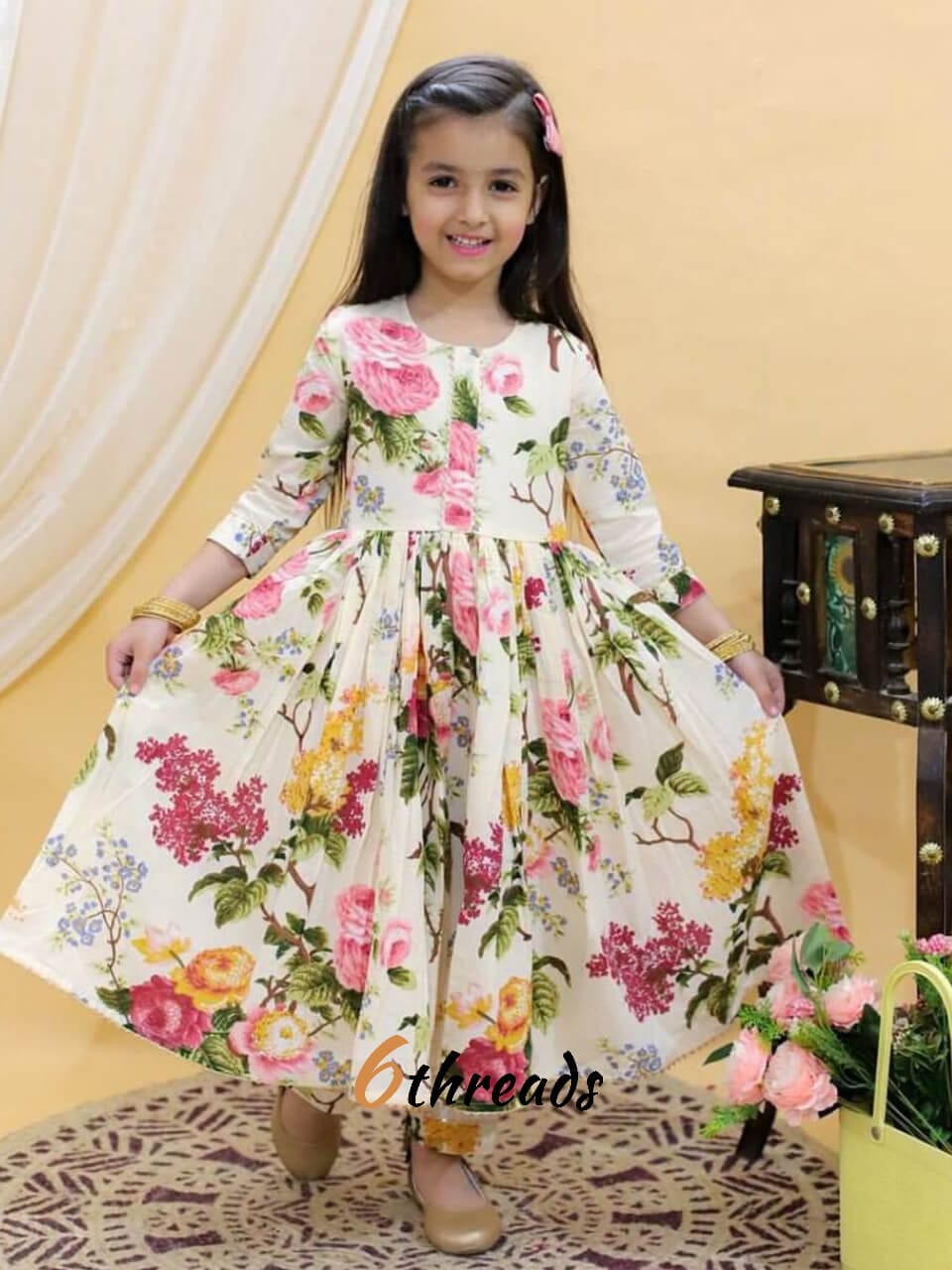 Pearl White Designer Gown with Digital Prints & Lace Work