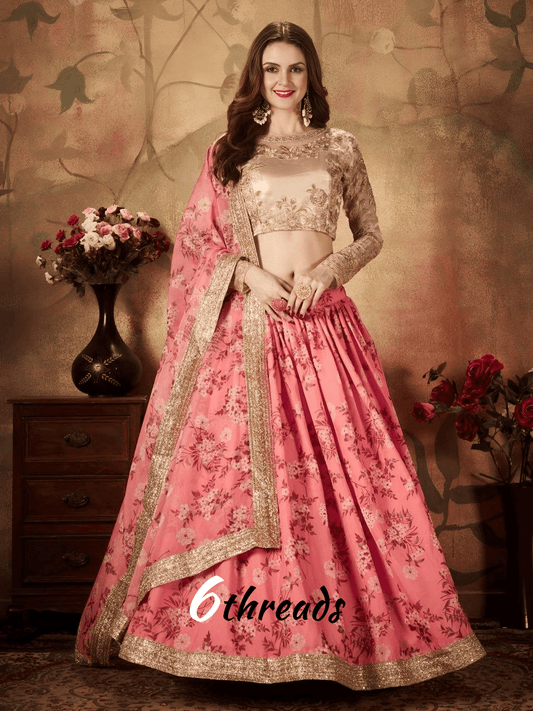 Ivory Floral Lehenga Choli with Golden Embroidered Blouse