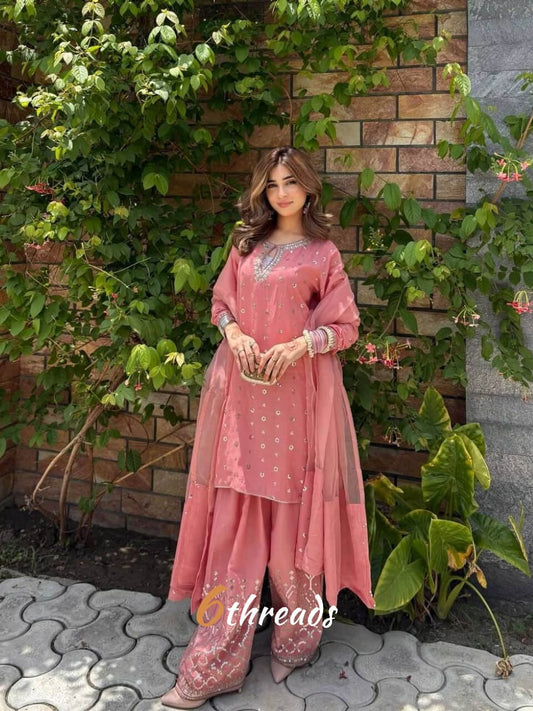 Premium Chinnon Silk Farshi Salwar Set with Heavy Zari & Sequence Work