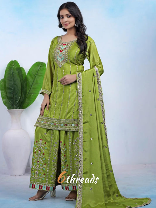 Premium Chinon Coding Sequence Sharara Suit Set with Huge Flair | 2 Elegant Colors (Sizes S-XXL)