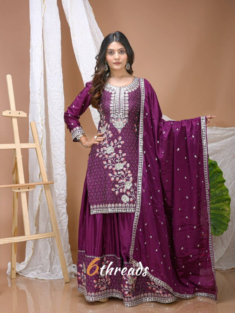 Premium Chinon Multi-Thread & Sequence Wine Purple colour Sharara Suit Set