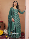 Premium Chinon Multi-Thread & Sequence bottle green Sharara Suit Set with Lace Border